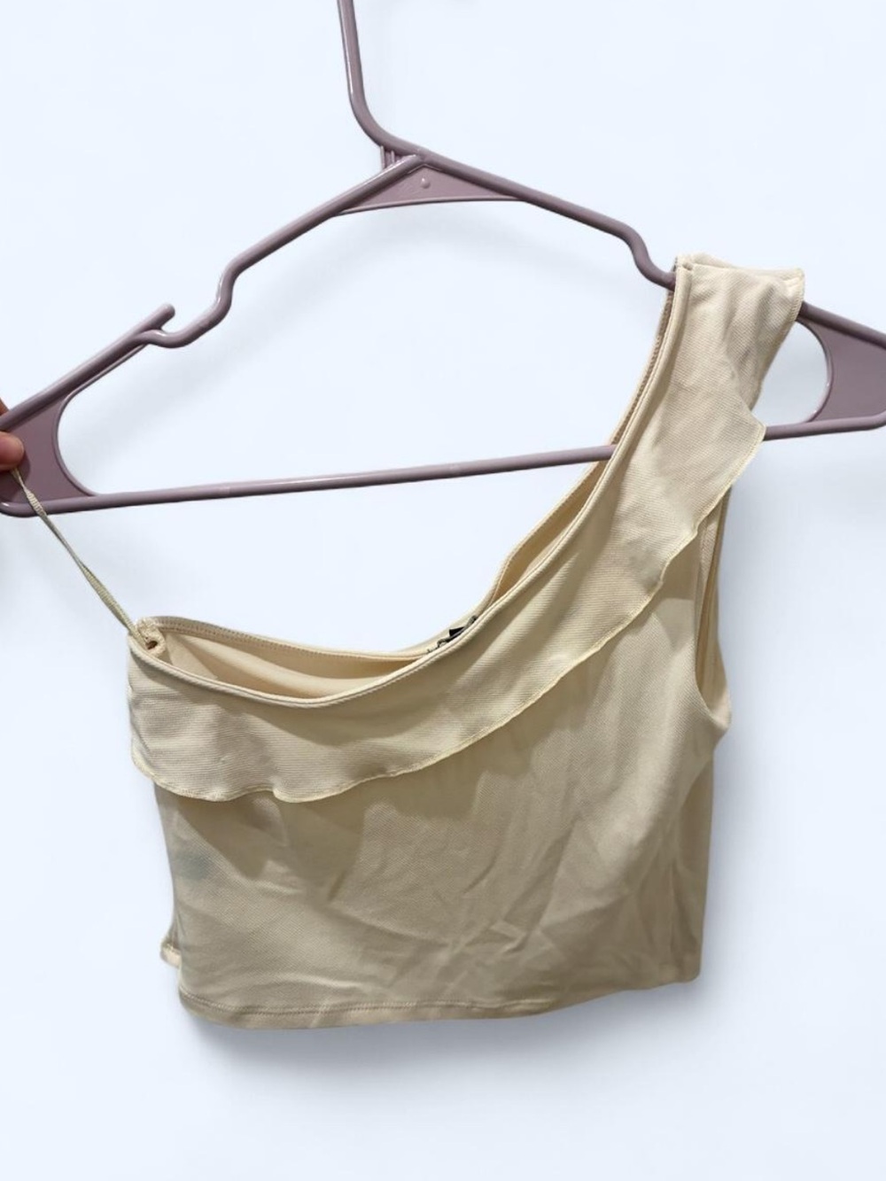 Express One-Shoulder Ruffle Crop Top in Beige